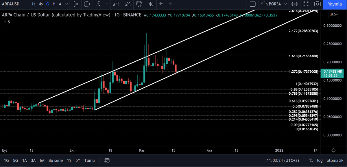 #arpausd YÜKSELEN KANAL ALT DESTEĞİNDE VE FİBONACCİ DESTEĞİNDE. BU SEVİYE ÜZERİNDEN TEKRAR 0.2165 VE 0.24 SEVİYELERİNE DOĞRU YÜKSELİŞ GELMESİ BEKLENİR.