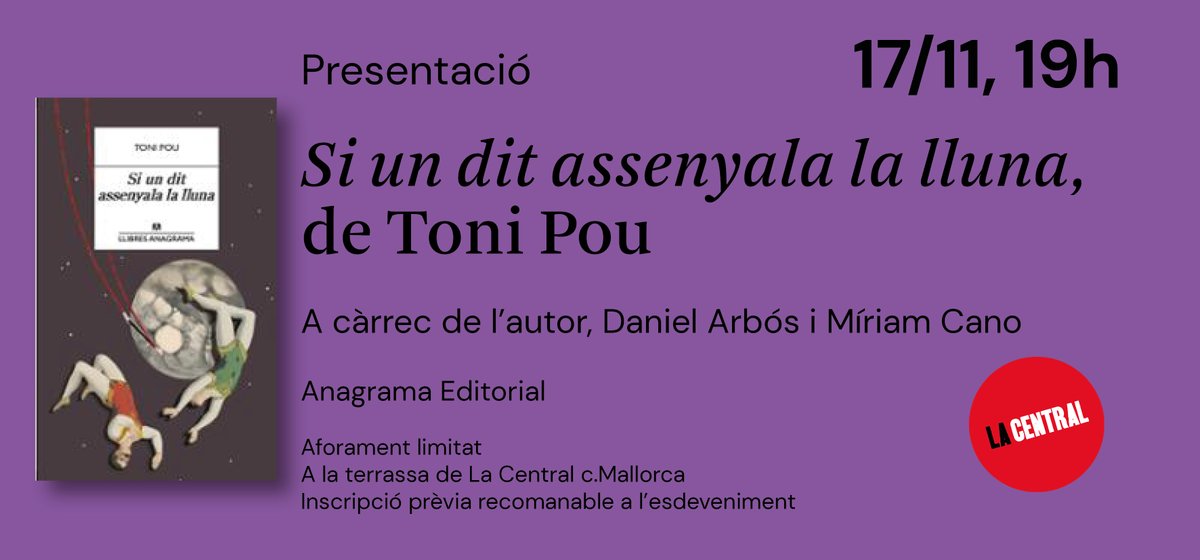 📢PRESENTACIONS Dimecres 17.11
👉La Central del Raval, 19h: ow.ly/UqAb50GP1NT
👉La Central c.Mallorca, 19h: ow.ly/tqQh50GP1NU

<a href="/AnagramaEditor/">Editorial Anagrama</a> <a href="/toni_pou/">Toni Pou</a> <a href="/Pensodromo/">Pensódromo</a>