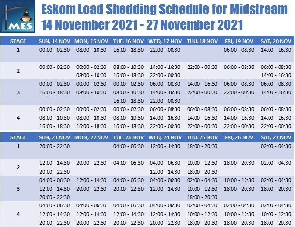 Midstream_MES's tweet photo. 17Nov21: Eskom stage 2 load shedding will be implemented from 14:00 today until 05:00 on Saturday morning. 

• Next load shedding in Midstream @ 14:00 &amp; 22:00 today https://t.co/NRf4JgJpN1