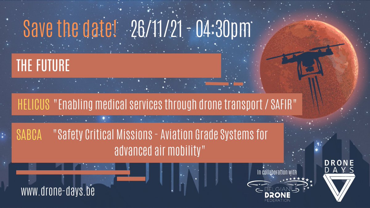 What could be the role of the drone in our future? 
<a href="/DroneDaysBxl/">Drone Days</a>  <a href="/HelicusAero/">Helicus</a> <a href="/sabca/">Sabrina Gowins</a> 

Registration : drone-days.be

#safir #transport #medical #airmobility #uas #safety