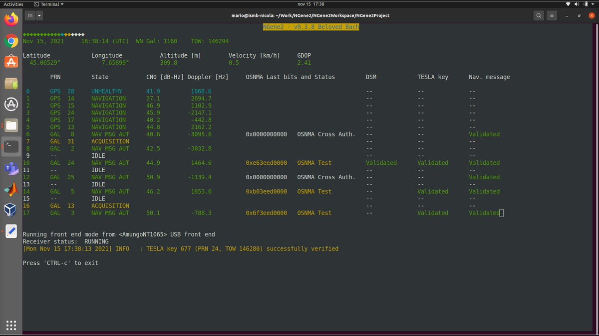 Galileo OSNMA Public Observation Phase just started! A big milestone for #Galileo and #EUSpace!
Position fix in Torino, computed by our NGene #GNSS receiver, after verifying the OSNMA authentication data in the SIS message.
<a href="/EU4Space/">🇪🇺 EUSPA - EU Agency for the Space Programme</a> <a href="/EU_Commission/">European Commission</a> <a href="/LinksFoundation/">Fondazione LINKS</a> <a href="/NavSAS/">NavSAS</a>