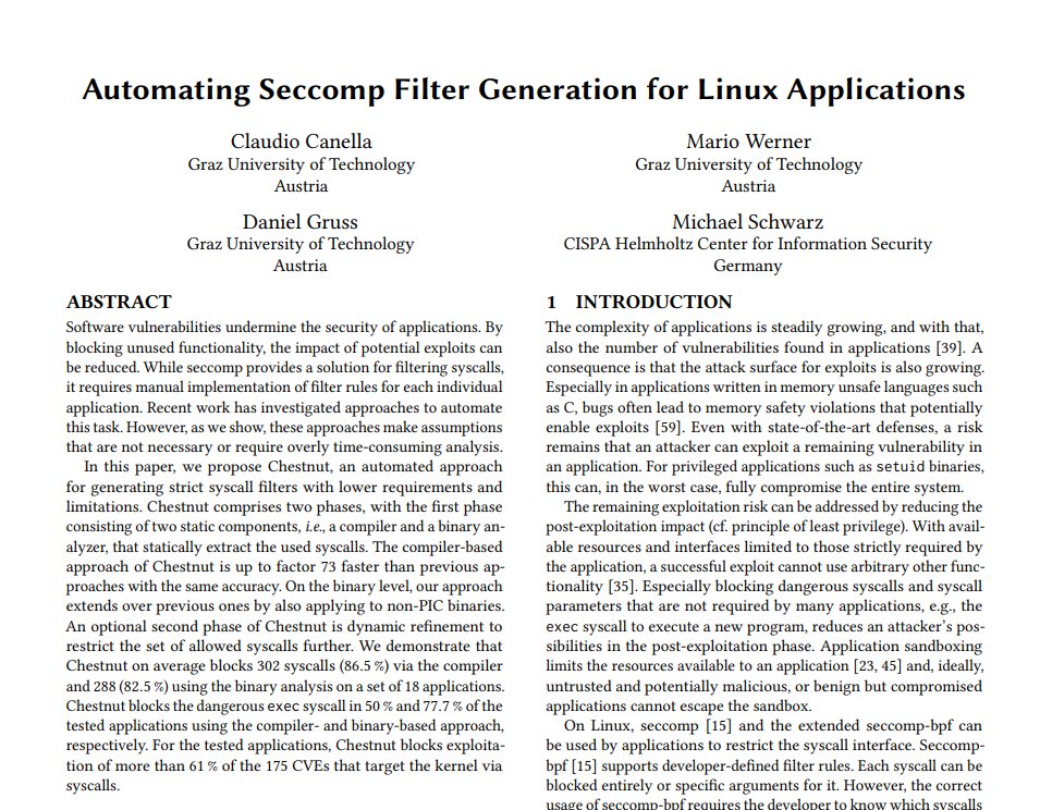 Proud to announce that our work on automatically generating Linux seccomp filters won the Best Paper Award at CCSW. Thanks again to my colleagues Mario Werner, <a href="/lavados/">Daniel Gruss</a>, and <a href="/misc0110/">Michael Schwarz</a> for their help.
