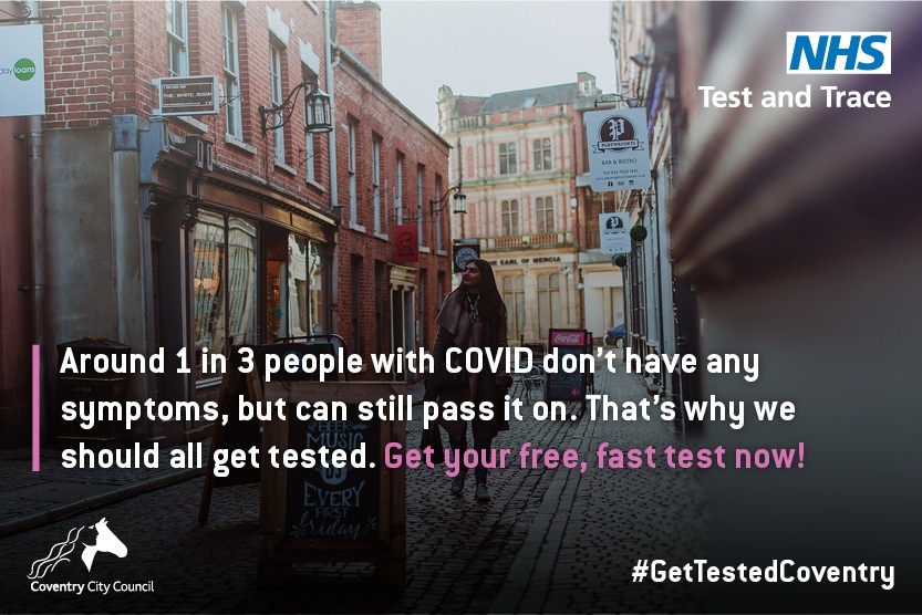 coventrycc's tweet photo. Did you know around 1 in 3 people with coronavirus do not have symptoms but can still pass it on to others?
Regular testing of people without symptoms is still important to help stop the virus spreading and protect your loved ones: https://t.co/6MmcRgw3B3
#GetTestedCoventry https://t.co/Gm0NRgVf3A
