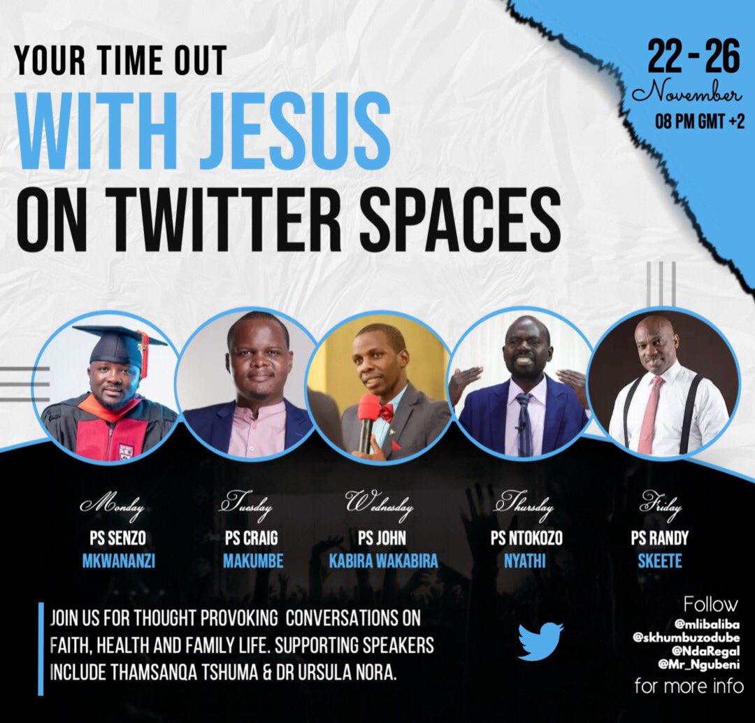 skhumbuzodube's tweet photo. On Monday 22 November, 8pm (CAT), this man of God, Pastor @SenzoMkwananzi will be doing what he knows best on twitter. Follow @mlibaliba, @skhumbuzodube,
@NdaRegal, and @Mr_Ngubeni for more details. You don't want to miss this
#TimeOutWithJesus https://t.co/35Kyd662cX