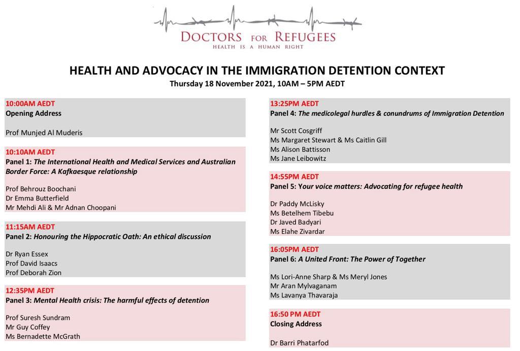 INAUGURAL Doctors for Refugees Conference tomorrow. Join an eminent line up of experts sharing their insights and experiences on healthcare in the detention system and ask your questions about this shameful period in Australia's refugee policies. Registration is free.