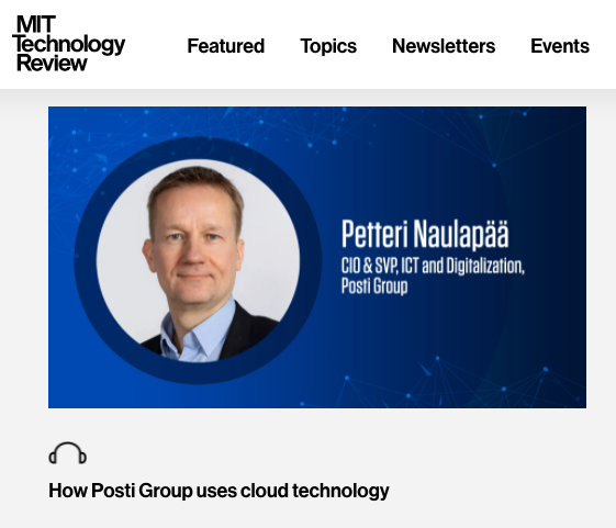 MIT Technology Review <a href="/techreview/">MIT Technology Review</a> ja <a href="/Infosys/">Infosys</a>  nostavat <a href="/Postigroup/">Posti</a> esimerkiksi yrityksestä joka on kyennyt uudistumaan digitalisaatiota ja tekoälyä hyödyntäen. Kuuntele CIO:mme <a href="/PetteriNaulapaa/">Petteri Naulapää</a> ajatuksia kasvusta ja asiakaslupauksen lunastamisesta. 
technologyreview.com/supertopic/the…