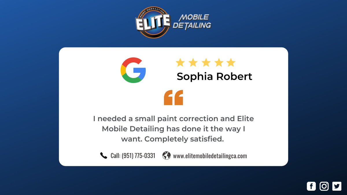EliteMobileca's tweet photo. 🙏Thanks for the awesome review, Sophia Robert!
We work💪hard to meet expectations like yours, and we’re😊happy to hear we hit the mark for you. Come back and see us soon.

#review #feedback #clientreview #customerfeedback #customerreview #thankyou #thanks #elitemobiledetailingca https://t.co/rGwJg8jSAY