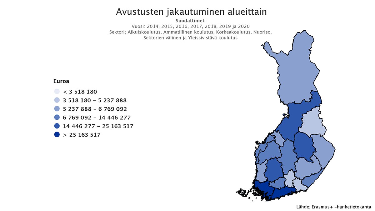 ErasmusplusFI's tweet photo. Visualisoinnista käy ilmi, että vuosina 2014–2020 eniten #ErasmusPlus-rahoitusta myönnettiin Varsinais-Suomen ja Uudenmaan maakuntiin. Vähiten rahoitusta myönnettiin Kainuuseen, Päijät-Hämeeseen ja Kymenlaaksoon.
@VSliitto @uudenmaanliitto @Kainuunliitto @PHliitto @kymenlaakso https://t.co/xAgakYystS