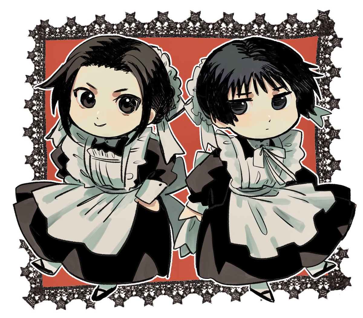 maid apron 2girls multiple girls red background black hair dress  illustration images