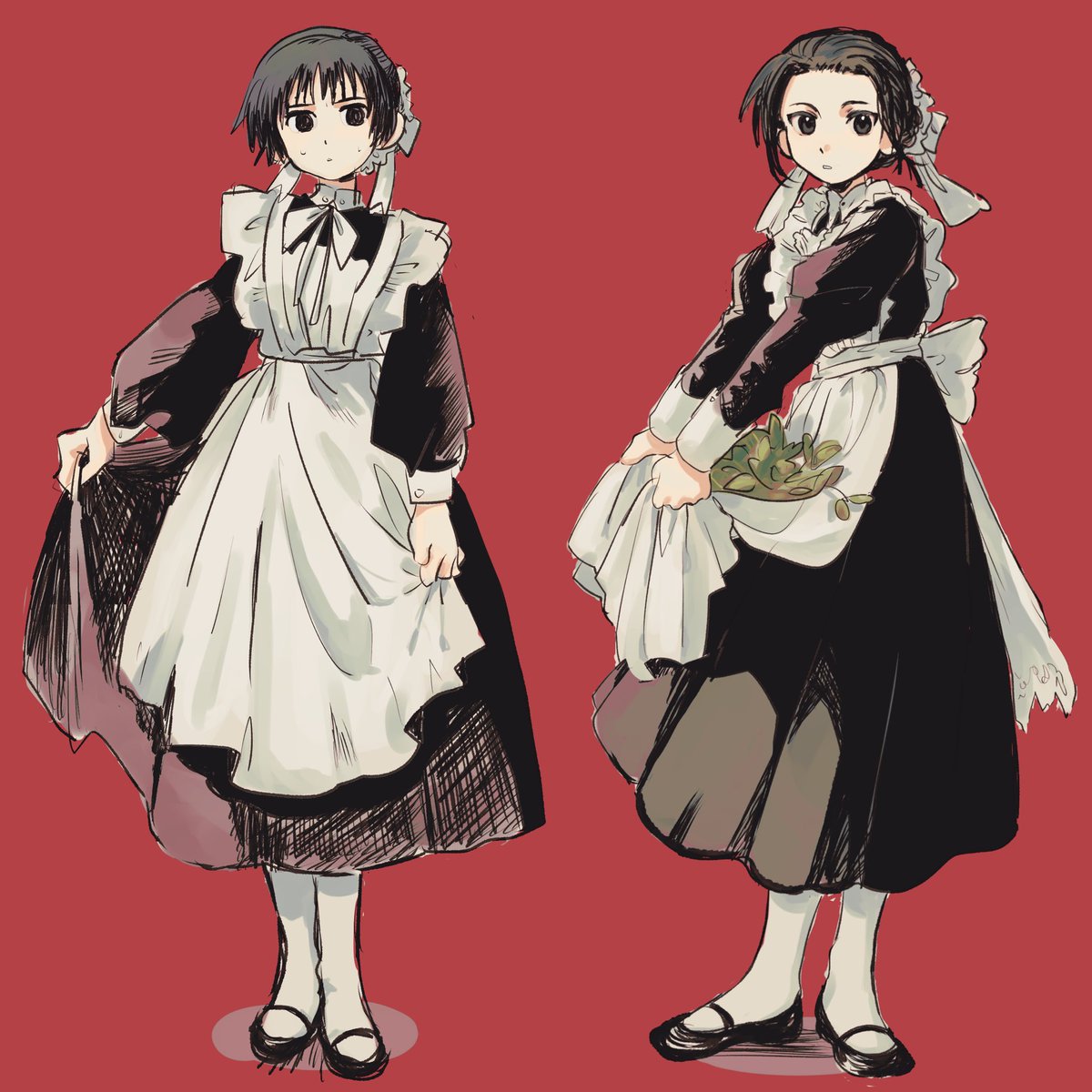 maid apron 2girls multiple girls red background black hair dress  illustration images