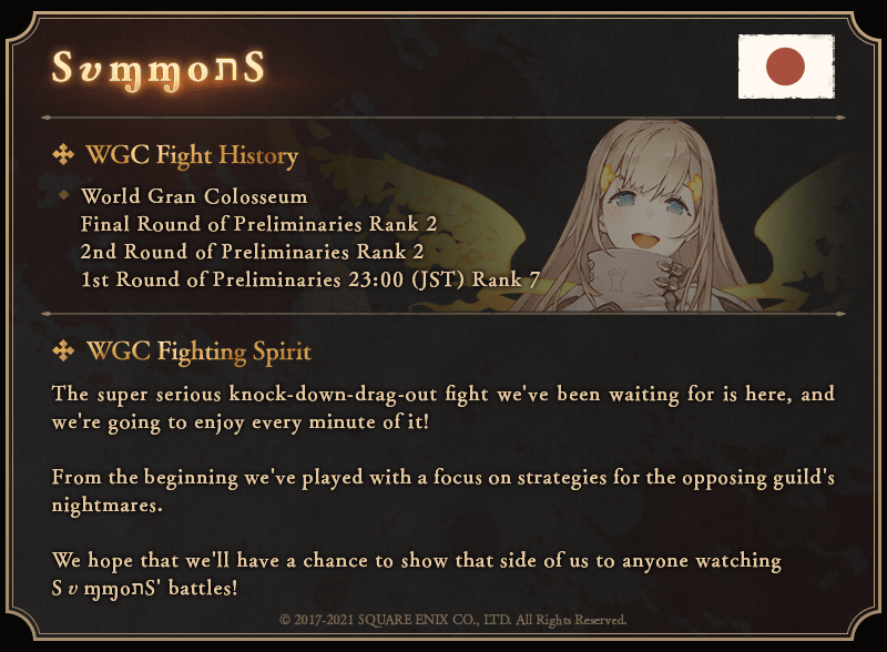 sinoaliceglobal's tweet photo. WGC Finals Participating Guilds Introduction Campaign [Target Post]
Guild Introductions 2/4

There's 150 Twilight Crystals/WGC in it for everyone if we get over 15,000 reactions on the posts, between both Global and Japan during the event period!

#SINoALICEGlobal #SINoALICEWGC https://t.co/hDgJGC2huz