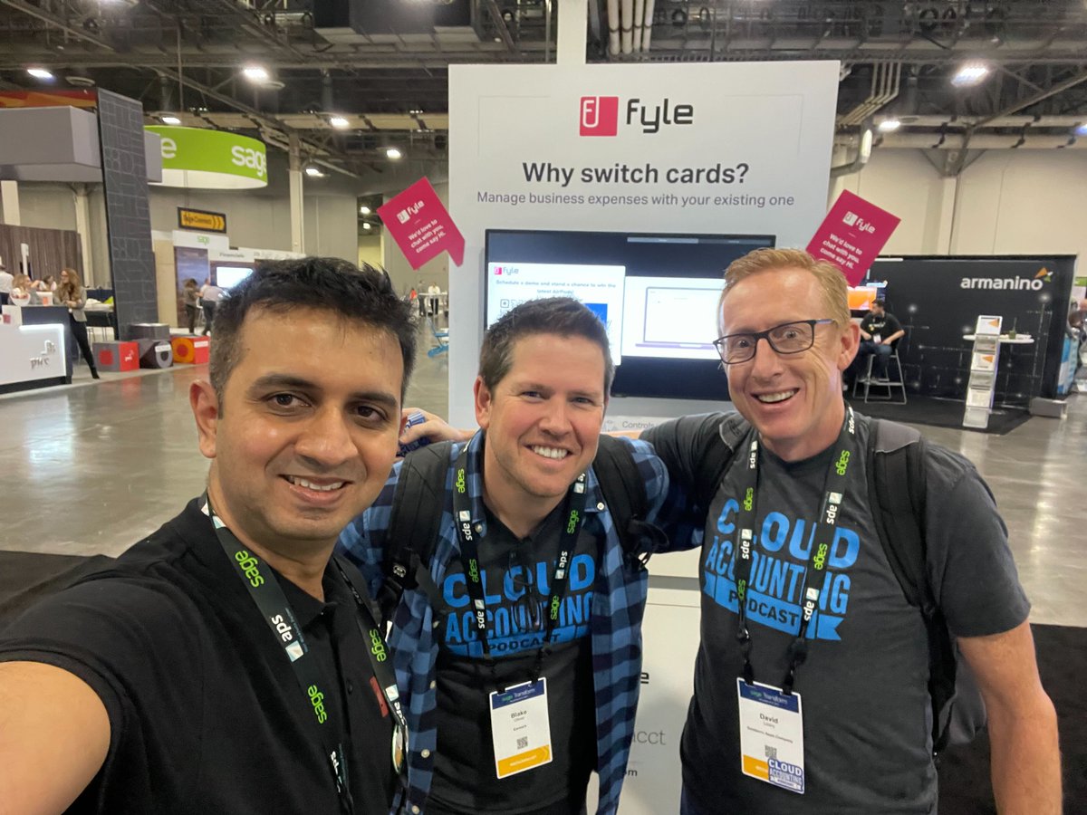 FyleHQ's tweet photo. A big thanks to everyone for stopping by at our booth at #Sagetransform in Las Vegas!

@davidleary and @BlakeTOliver  from the @CloudAcctPod with Vikram, our Head of Partnerships at the event!

#Cloudaccountingpodcast #expensemanagement #fyle https://t.co/YJKvjgZ2qn