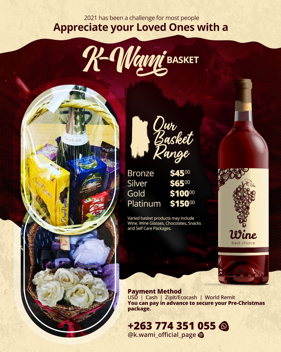 KPuwai's tweet photo. K-Wami Gift baskets
Gift your loved ones through our baskets
#k-wami #giftshop #Christmas #holidays #gifts #love #birthday #appreciation #enteprenuer #giftbaskets #Zimbabwe https://t.co/N61nafG2bl