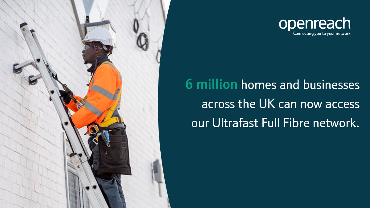 WeAreOpenreach's tweet photo. We’ve hit the 6 million mark and we're not stopping there. 47k more homes &amp; businesses can access our Ultrafast Full Fibre network every week.

Huge effort from the build team 👏🏻 #WeAreOpenreach https://t.co/JWLA9hsZF8