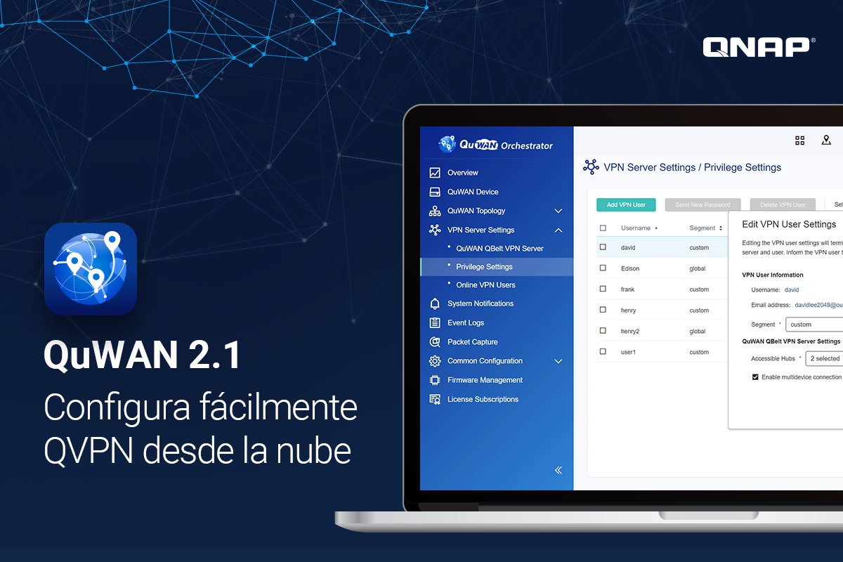 QNAPEspana's tweet photo. Despliega el servicio VPN en tu #NAS, PC y dispositivos móviles a través de la plataforma SD-WAN Cloud con QuWAN 2.1.

Ahora #QuWAN permite gestionar fácilmente servidores #VPN a través de una única plataforma Cloud. 

📌 https://t.co/QDBWv9G2sC

#QNAP #QVPN #smartworking https://t.co/1I5o9BLsP8