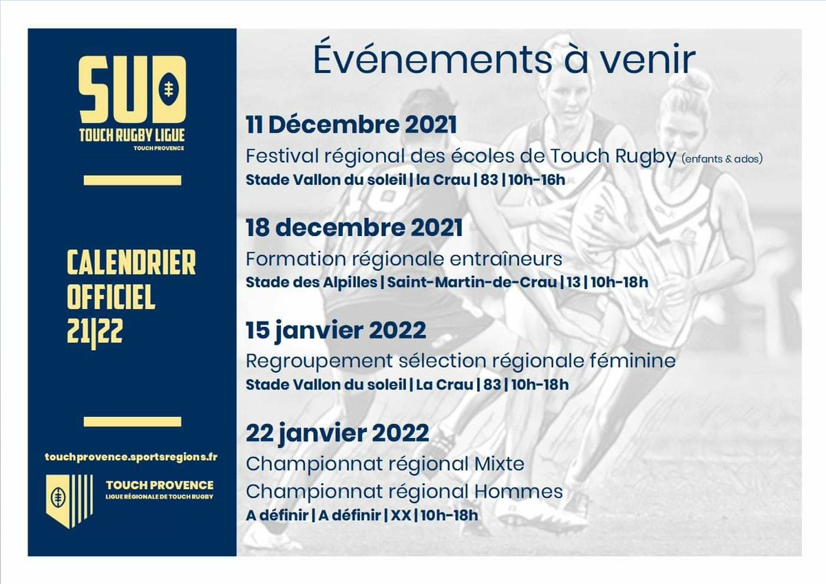 TouchProvence's tweet photo. Événements à venir pour la Sud Touch Rugby Ligue...#TouchRugby #TouchFrance #TouchProvence https://t.co/3SyxF116Gl