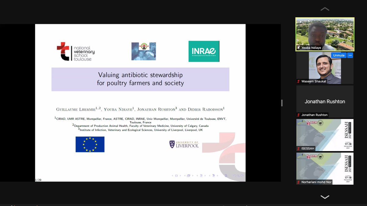 drwaseemshaukat's tweet photo. Youba Ndiaye from @INRAE_Tlse highlights the role of antimicrobial stewardship in the French poultry sector and its implication in one health context at the #ISESSAH2021 conference. #ISESSAH @isessah2021 #amr #AntimicrobialResistance #OneHealth https://t.co/eFxuhEE6CE