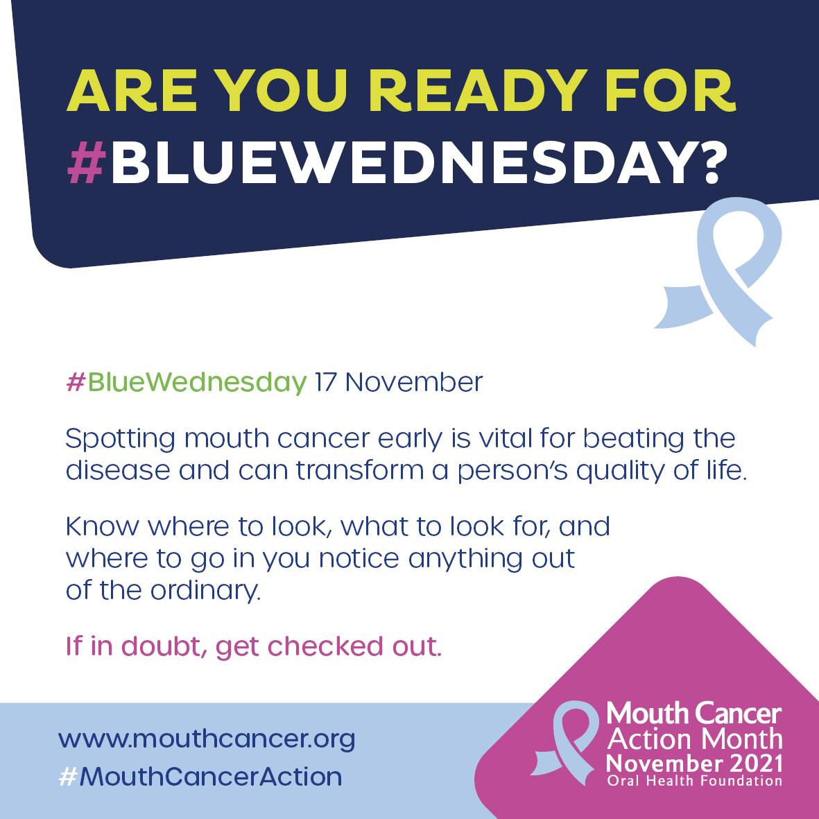 dentalhealthorg's tweet photo. Today is #BlueWednesday and we're urging people to take away one simple message: if in doubt, get checked out #MouthCancerAction https://t.co/tPHhYFgNho