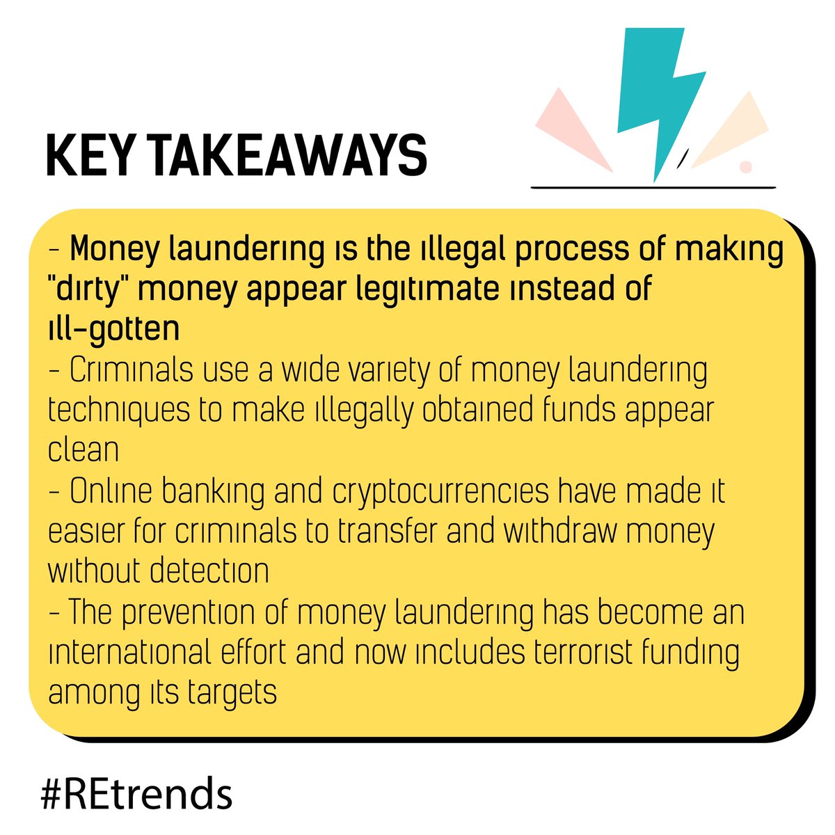 Rackestate2021's tweet photo. Money laundering is a serious financial crime that is employed by white collar and street-level criminals alike. Most financial companies have anti-money-laundering (AML) policies in place to detect and prevent this activity.
#TECsocialLAB #valuatec #REtrends #realestate https://t.co/lupTd9ifSU