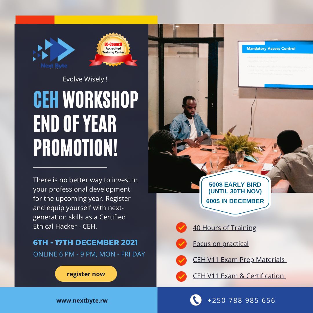 Fulfil your dream of climbing up your professional ladder with Next Byte. Register for the Certified Ethical Hacker Workshop and have a career-boosting experience. Sign up before the 30th of November to secure an awesome promotion. #cybersecurity #hacker #cybersecurityawareness