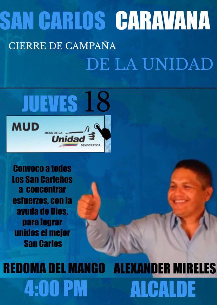 Vamos todos juntos en Unidad a la Caravana de la esperanza por un Mejor San Carlos y una mejor Venezuela todos con <a href="/alexandermirele/">ALEXANDER MIRELES</a>