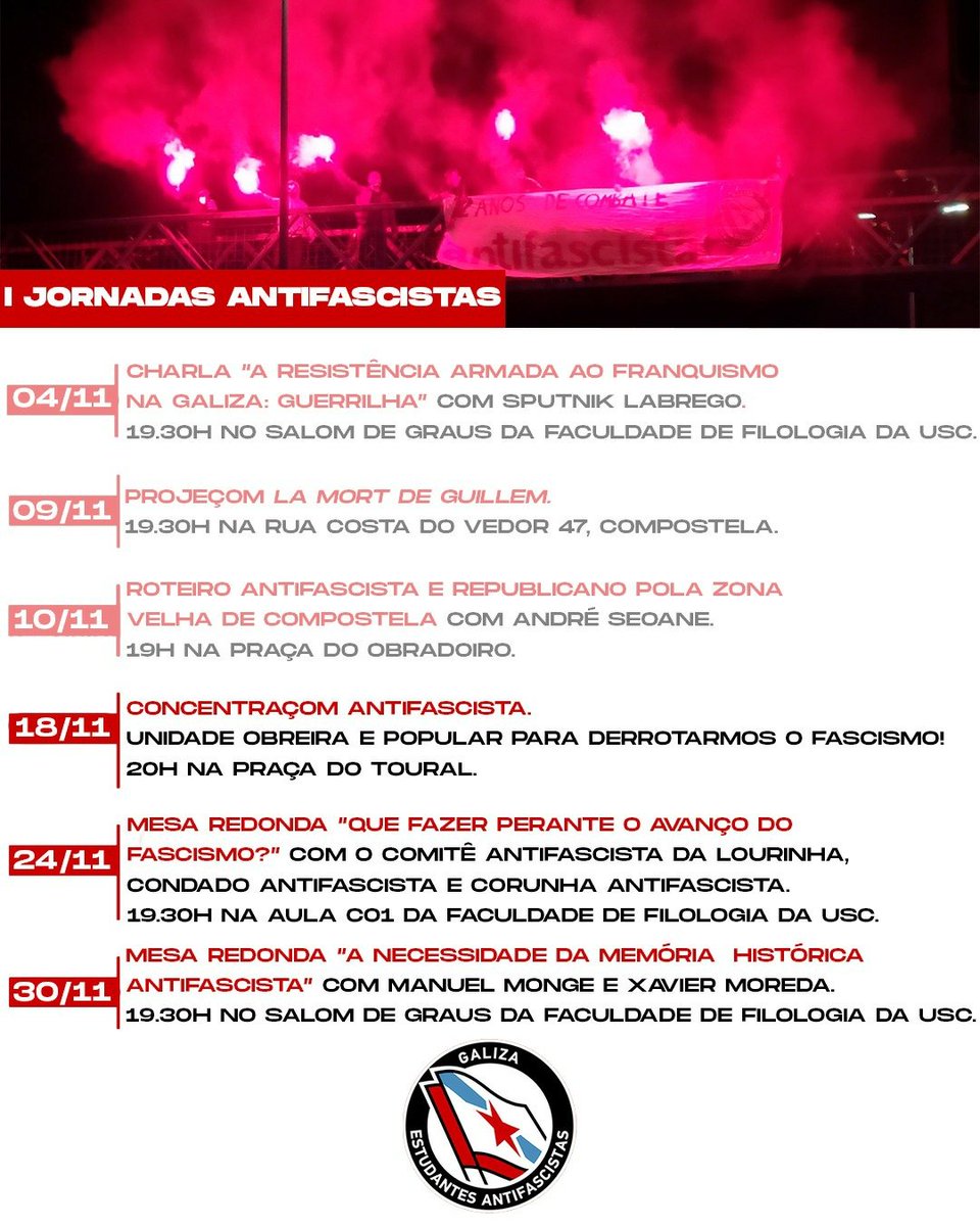 estudantesantif's tweet photo. Chamamos a toda a juventude e estudantado operário e popular a assistir à concentraçom antifascista de amanhá, quinta-feira dia 18, às 20h na Praça do Toural. Acode, difunde e colabora!
@iscagz
@mpigaliza
@XCGaliza
@erguergaliza
@AbrirFenda https://t.co/yKOotoG0D2