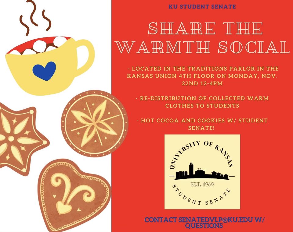 #StayWarmJayhawks Cocoa and Cookies will be available while we distribute clothing for the winter months!! Come see us if you can!