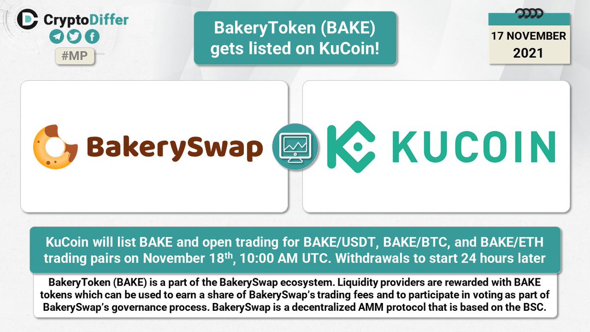 ❗️@Bakery_Swap $BAKE gets listed on @KuCoincom

KuCoin will list BAKE and open trading for BAKE/USDT, BAKE/BTC, and BAKE/ETH trading pairs on November 18th, 10:00 AM UTC. Withdrawals to start 24 hours later.

👉 kucoin.com/news/en-bakery…