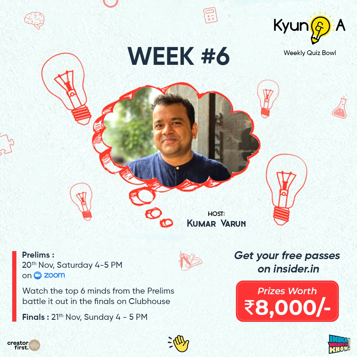 Kyun and A (@kyunandaquiz) on Twitter photo General Quiz week on #KyunAndA this weekend! š„³
Click on the below link for registration and further information š
insider.in/kyun-a-6-nov20ā¦
Come join us and get a chance to win prizes worth Rs.8000!
<a href="/Clubhouse/">Clubhouse</a> <a href="/ATSdotIn/">All Things Small</a> <a href="/IWTKQuiz/">India Wants To Know: India's First Panel Quiz Show</a> <a href="/gobeatroute/">BeatRoute</a> General Quiz week on #KyunAndA this weekend! š„³
Click on the below link for registration and further information š
insider.in/kyun-a-6-nov20ā¦
Come join us and get a chance to win prizes worth Rs.8000!
<a href="/Clubhouse/">Clubhouse</a> <a href="/ATSdotIn/">All Things Small</a> <a href="/IWTKQuiz/">India Wants To Know: India's First Panel Quiz Show</a> <a href="/gobeatroute/">BeatRoute</a>