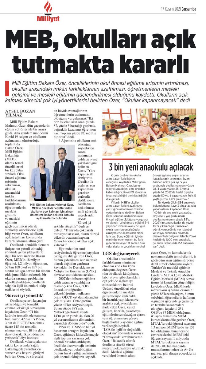 Milli Eğitim Bakanı Mahmut Özer, okulların açık kalması sürecini çok iyi yönettiklerini belirterek “Okullar kapanmayacak” dedi. Röportajın ayrıntıları milliyet.com.tr ‘de...