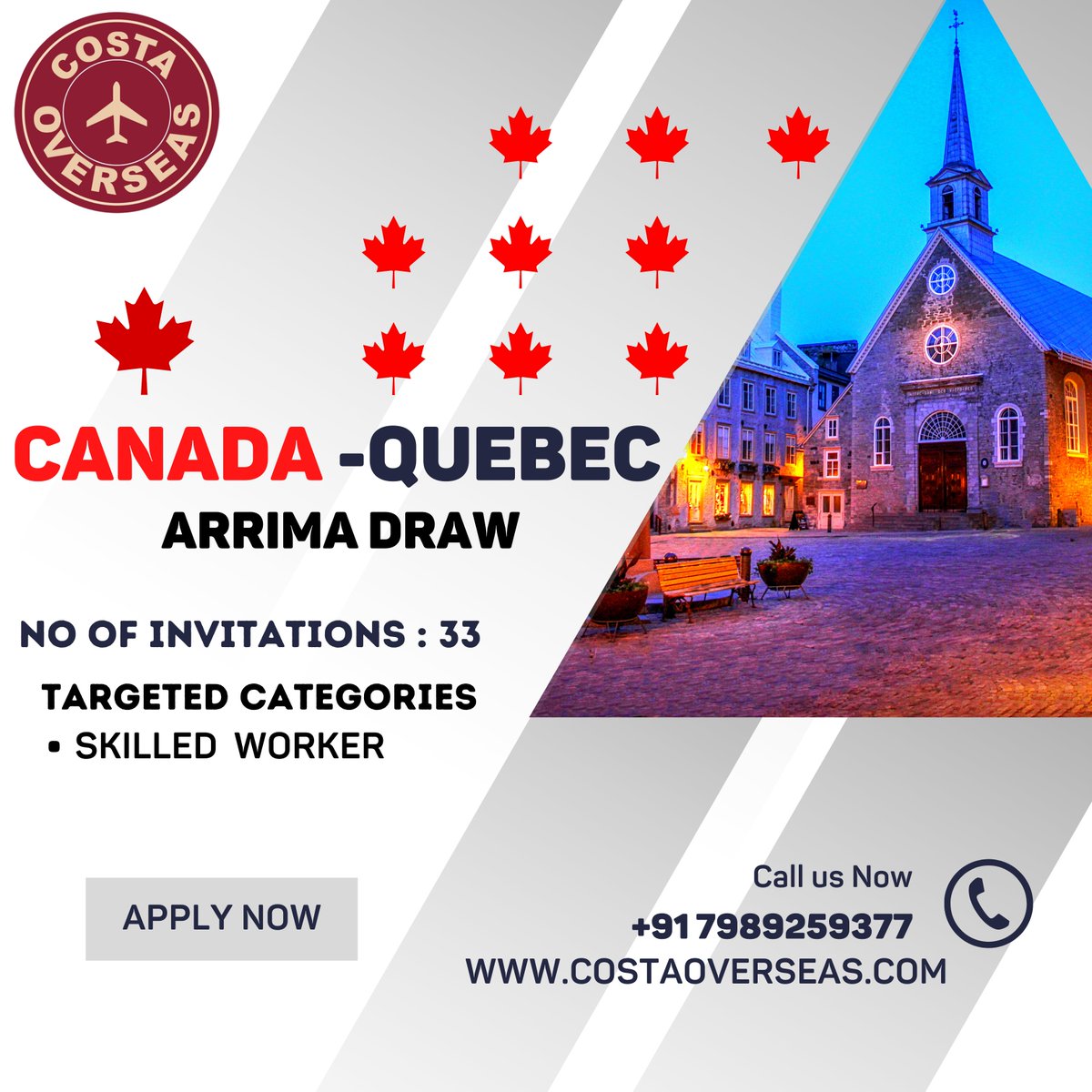 CostaOverseas's tweet photo. Quebec invites 33 candidates in latest Arrima draw.
Visit Costa Overseas Today.
Reach out to us @ : +91 628 125 1125 or +91 798 925 9377
Visit our Website : https://t.co/0SqyN8YPxW
#canadaimmigration #canada #abroad #costaoverseas #immigration #oneofthebest #ifyouknowyouknow https://t.co/piZo2fSwuB