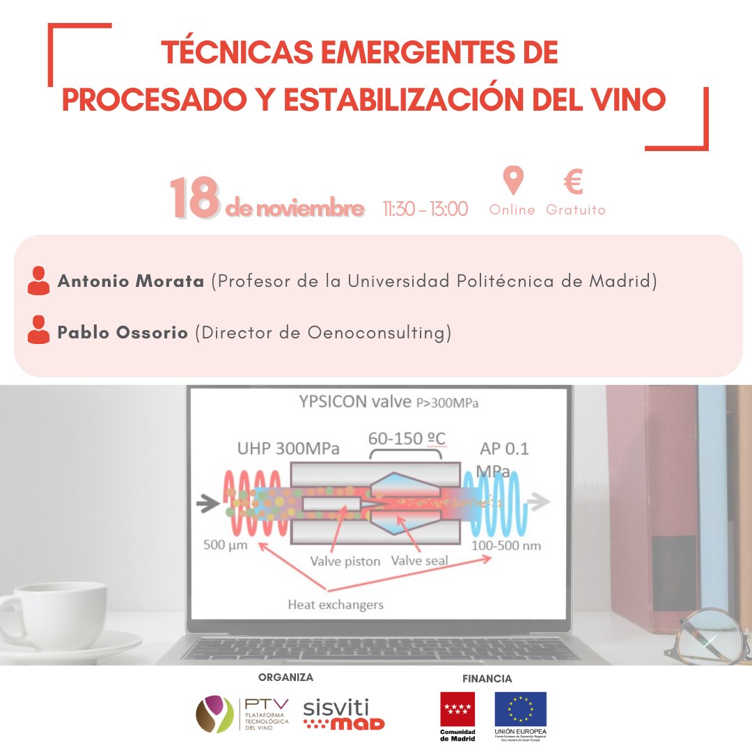 PT_Vino's tweet photo. Mañana, tendrá lugar el webinar "Técnicas emergentes de procesado y estabilización del vino"

👨‍🏫Antonio Morata @La_UPM 
👨‍🏫Pablo Ossorio

Proyecto #SISVITIMAD, financiado por 
@ComunidadMadrid y #FondosFEDER

¡Regístrate! https://t.co/4sR06mCsjo https://t.co/rDuMc5jlZv