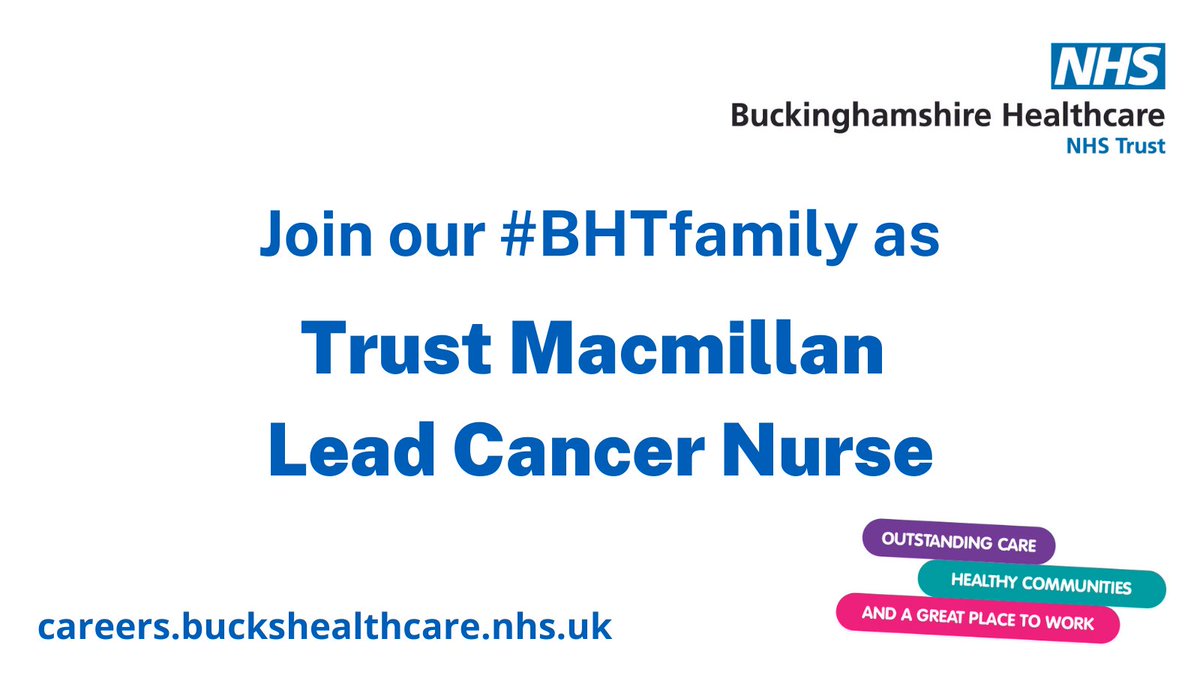 📢 Rare opportunity to join our #BHTfamily as <a href="/macmillancancer/">Macmillan Cancer Support</a> Lead Cancer Nurse:

➡️ careers.buckshealthcare.nhs.uk/vacancies/#!/j…

☑️Develop professionally with <a href="/oxford_brookes/">Oxford Brookes University</a> @BucksNewUni
☑️Develop leadership skills with <a href="/SELA_NHS/">NHS South East Talent and Leadership (Academy)</a> <a href="/NHSLeadership/">NHS Leadership Academy 💙</a>
☑️Work across <a href="/ThamesV_Cancer/">Thames Valley Cancer Alliance</a>
🏆 <a href="/JACIE_EBMT/">JACIE</a> &amp; #MQEM