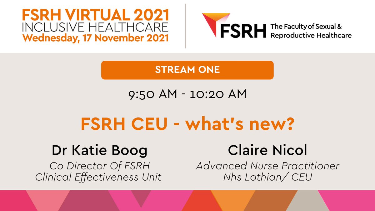 COSRH_UK's tweet photo. Up next is Co Director of our Clinical Effectiveness Unit (CEU) @Katiebee111 and Claire Nicol who will be delivering updates on the latest SRH guidance.
Find out more about our CEU: https://t.co/BWRqpQZF6o
#FSRHVirtual https://t.co/t0sS3p1zeD