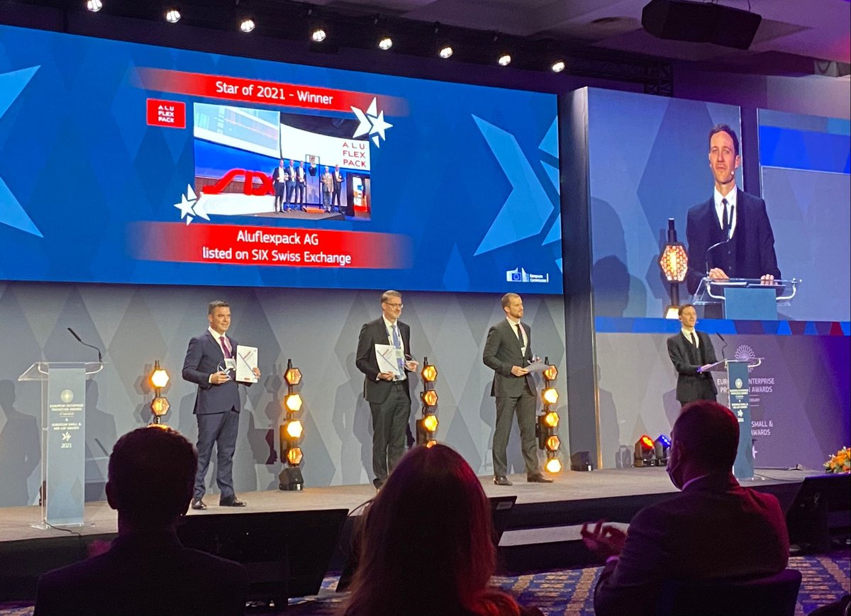 BolsaBME's tweet photo. Congratulations #Aluflexpack, listed on
@sixgroup Swiss Exchange, for this well-deserved prize as “Star of 2021” at the @SME_Awards!!!🥳🎉
🏆 These awards are a joint initiative of the @EU_Commission, leading European stock exchanges and @EuropeanIssuers https://t.co/0BXlJl990S https://t.co/QmJWzLzmD3
