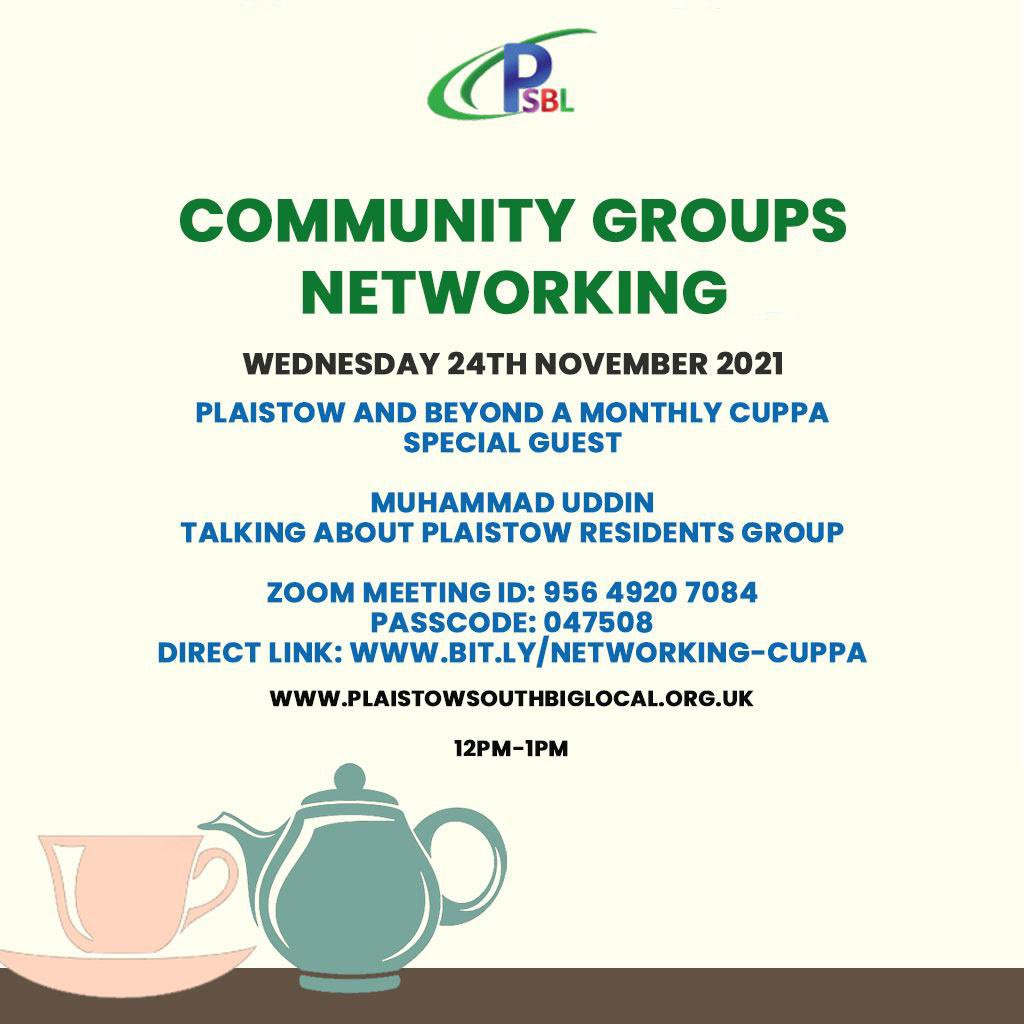 plaistowsouth's tweet photo. Every 4th Wednesday morning we offer an hour of networking to hear and share the wonderful work taking place among community groups, big and small, in Plaistow and Newham.
This month's speaker is Muhammad Razan who will be talking about Plaistow Resident Group
#psbl https://t.co/0VGqLXM56u