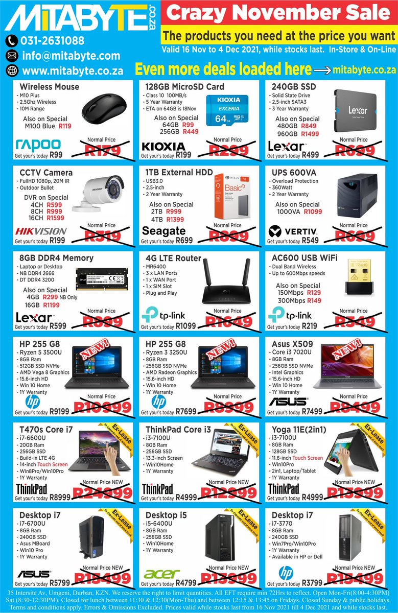Don’t miss out on our Crazy November Sale!!!😍🤯
•
View our full sale here: mitabyte.co.za/CrazyNov2021
•
Prices valid from 16 November to 4 December 2021 or while stocks last!