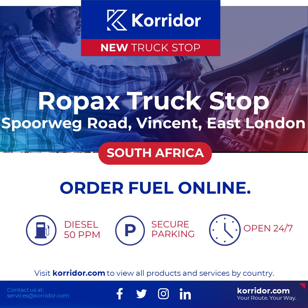 Order Fuel online with Korridor at Ropax Truck Stop, Spoorweg Road, Vincent, East London, South Africa.
#Technology #Logistics #Transport #Transportation #Freight #FleetManagement