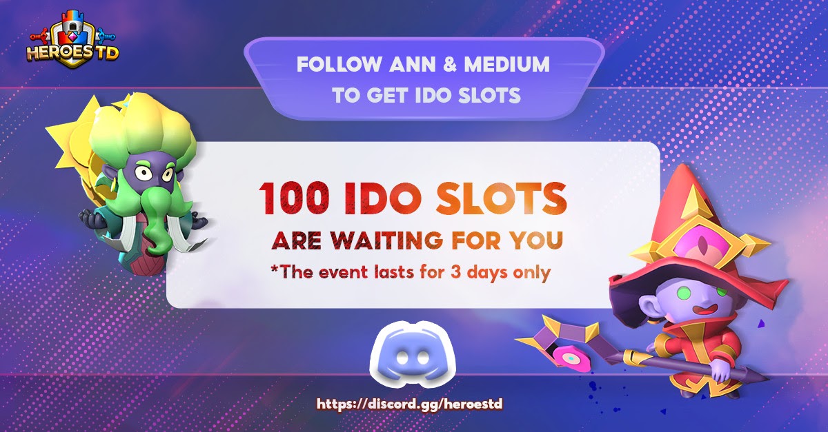 100 IDO slots are waiting for you.
✅Follow Medium: medium.com/@heroestd
✅Follow ANN Telegram Channel: t.me/HeroesTD_Club
✅Join discord and fill in the form︱events: discord.gg/heroestd
Join and claim BOUNTY at: dapp.heroestd.io/bounty
#heroestd #nftgame