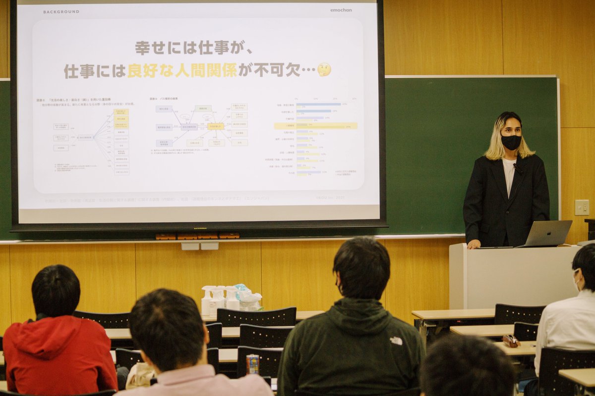 emochan_jp's tweet photo. emochan デザイナーの中田・ジーザス・成人が電気通信大学先端工学基礎課程にて企業講師として講義をさせていただいております🧑🏻‍🏫
講義テーマは、「組織における人と人との関係の中で生まれる問題」について✍️
emochan が解決したい問題でもあるこのテーマについて、学生の皆さんと解決策を模索中です🤔 https://t.co/wPeVZfyXx2