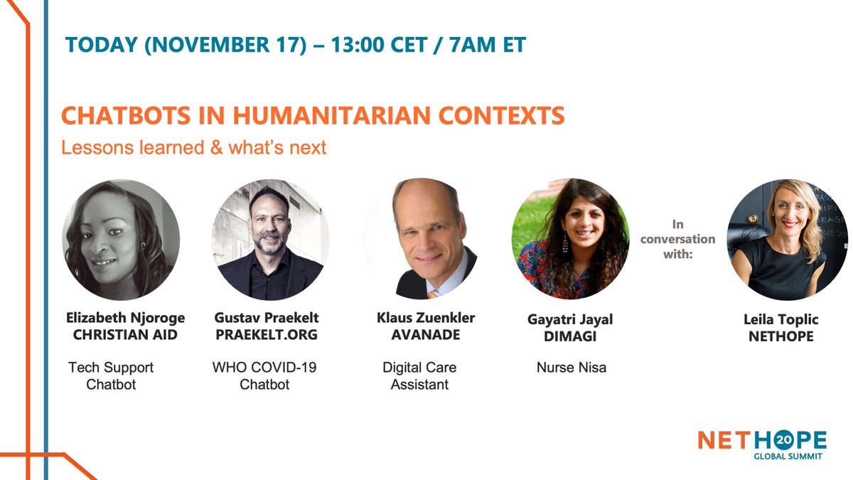 NetHope_org's tweet photo. "What are the key considerations for responsible design and use of #chatbots in humanitarian contexts?
Join us today at 13:00 CET / 7am ET to learn more."
#NetHopeSummit2021 #NetHopeAt20 https://t.co/3Ne52FT3iR