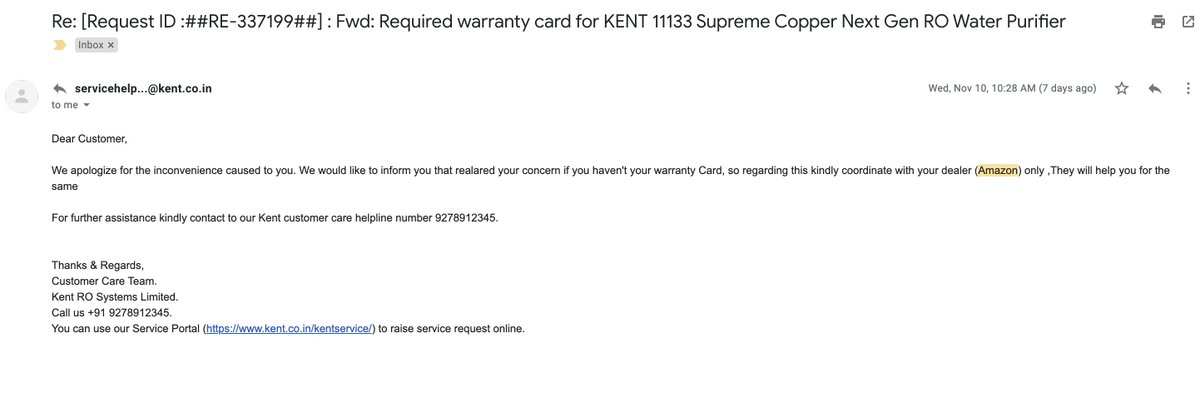 SharvaPulkit's tweet photo. Ordered Kent RO for my parents and received the product without a Warranty card, KENT team is denying installation and the amazon team is denying taking back the product or providing a warranty card. It's sad to see such a service from you 
@amazonIN @KentROSystems https://t.co/QtHd2SvdGV