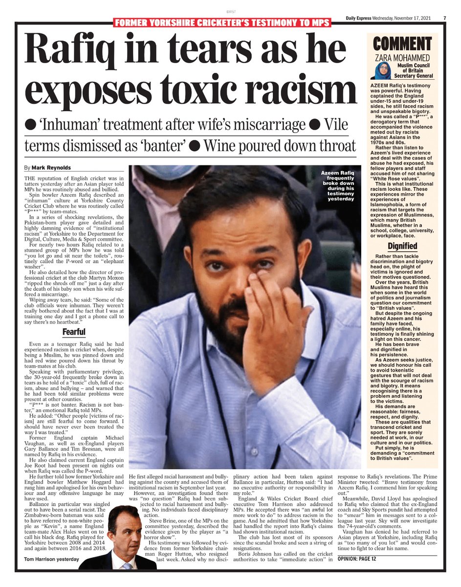 "As a Muslim, he spoke about being pinned down as a teenager while having red wine forced down his throat. He recounted how a fellow player, who was fasting, would be blamed for any mistakes." - SG <a href="/ZaraM01/">Zara Mohammed</a> 

#Islamophobia in action.

➡️Read: bit.ly/3Hod4sS

#AzeemRafiq