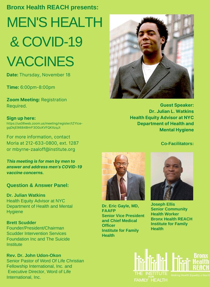 Humbled by <a href="/BxHealthREACH/">Bronx Health REACH</a> invite to talk #MentalHealth #EmotionalPain #EmotionalWellness #anxiety #addiction #depression #grief #loneliness #PTSD #suicide #trauma at "Men's Health and #Covid19 Vaccines" event, 11/18, 6pm from our work <a href="/SISFI/">Scudder Intervention Services Foundation Inc SISFI</a> <a href="/SuicideInstitut/">The Suicide Institute- training, research, support</a>. #TheSuicideNetwork