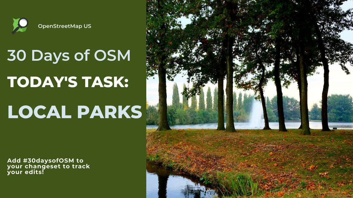 OpenStreetMapUS's tweet image. Get outside and map your local park. Trace the area and add information such as name, operator, and hours if known. Add all the amenities your park has to offer. Add #30daysofOSM to your changeset to track your edits. More info: buff.ly/3uUcPyO