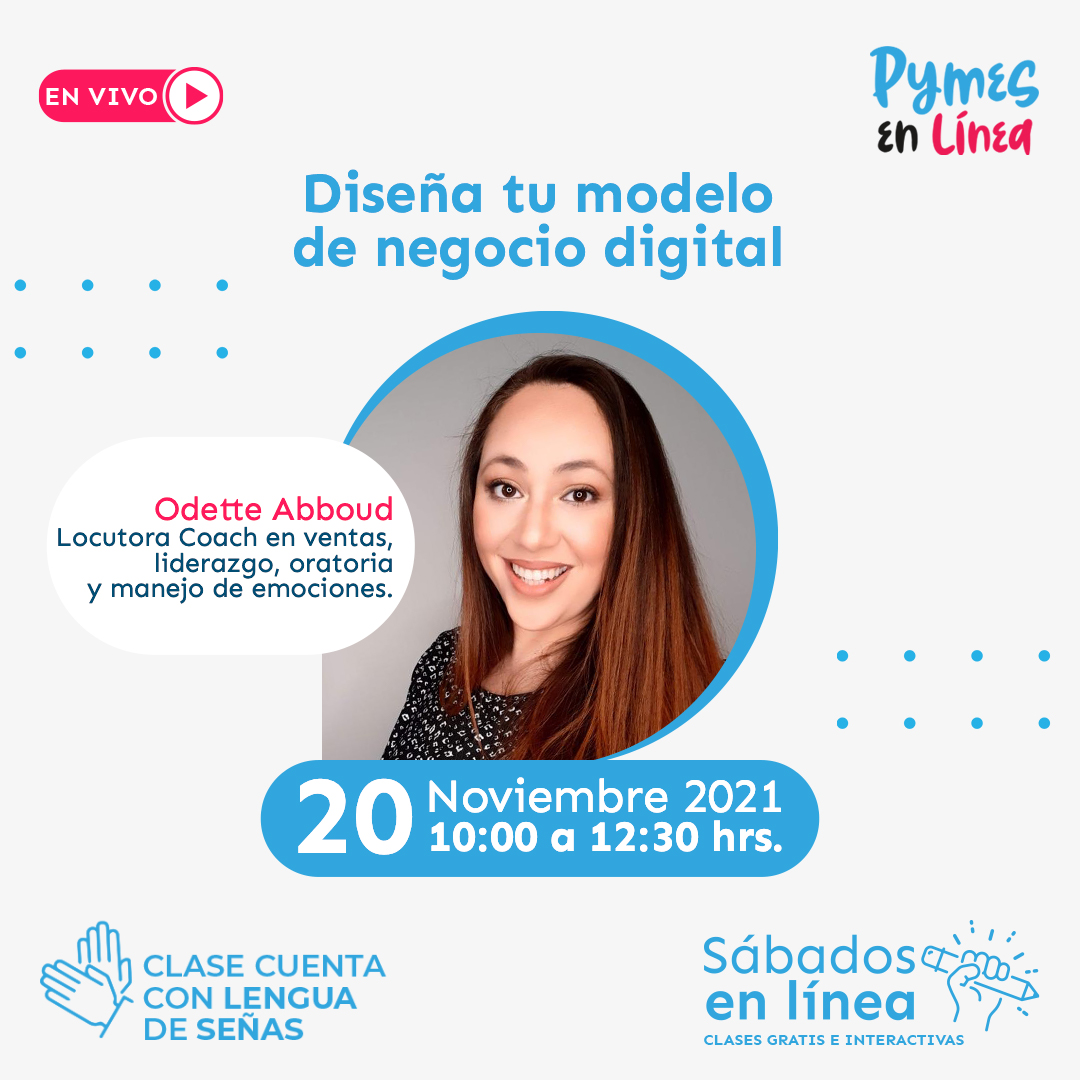 ¿Preparado para una nueva clase online gratuita de #PymesEnLínea? este 20 de Noviembre a las 10:00 horas "Diseña tu modelo de negocio digital" junto con Odette Abboud y mejora presencia en el mundo #digital 💻¡Te esperamos! 

🔴 Inscríbete en bit.ly/3wUmSGc.