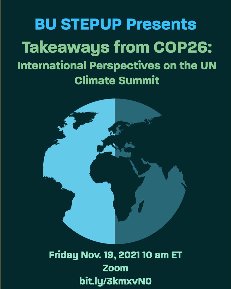 SPN_BU's tweet photo. Mark your calendars for this Friday 10 am ET for “Takeaways from COP26”. Feauturing the illustrious panelists: 
1️⃣@waterworldtrvlr, Knauss Marine Policy Fellow at @NOAAResearch 
2️⃣Poornima Prabhakaran, Deputy Director @thePHFI
3️⃣Florencia Ortuzar, Environmental Attorney @AIDAorg https://t.co/L6nD5oVuTj