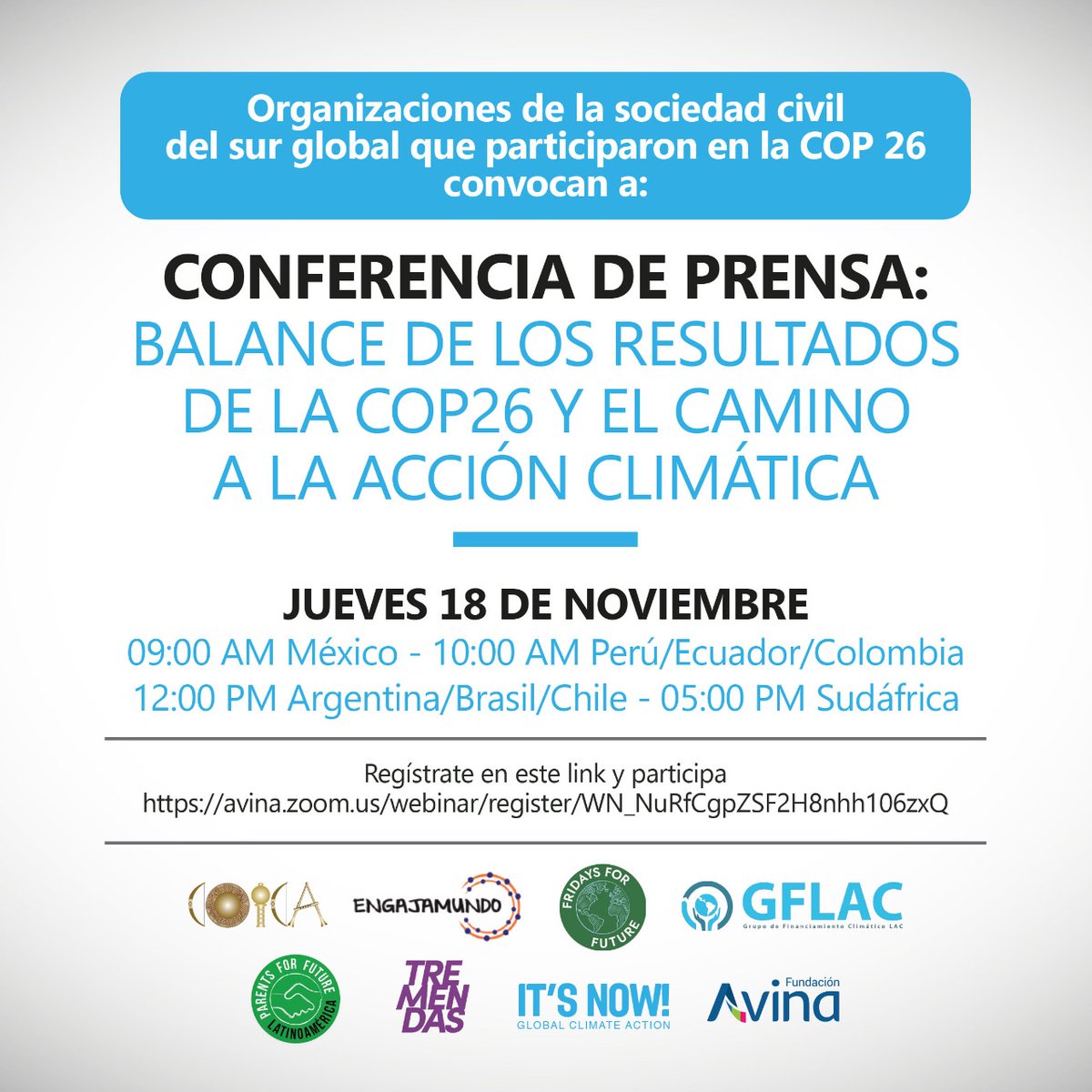 ferminkoop's tweet image. ¿Sos periodista y querés conocer la mirada de la sociedad civil de América Latina de la COP26? Mañana voy a estar moderando esta conferencia de prensa. Tod@s invitad@s! avina.zoom.us/webinar/regist…