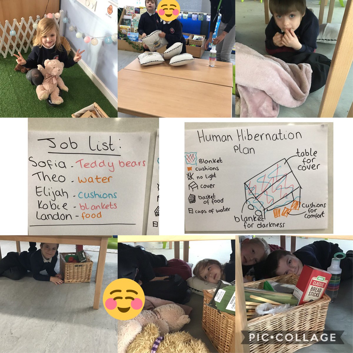Animals hibernate in winter so why can’t we? We each had a job to do to prepare our habit... but it didn’t seem very practical when we tried it out 🤔