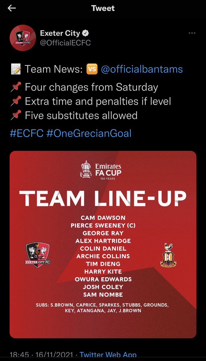 InsuranceSouthW's tweet photo. @officialbantams @FA @EmiratesFACup @OfficialECFC @BradfordCollege The amusing part is, they even tweeted 5 subs were allowed before the game. Surely it’s not going to be a trilogy https://t.co/OTt86fVHr4